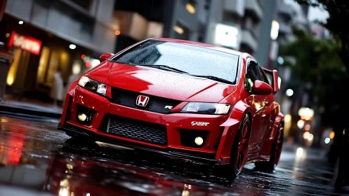 Red tuned hatchback glows on a rainy neon city street