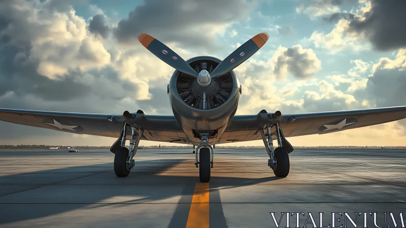 Vintage warbird rests proudly beneath a glowing sky.