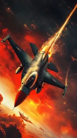 Fighter Jet Soaring Through Inferno. Golden Afterburner Thrust Against Crimson Skies.