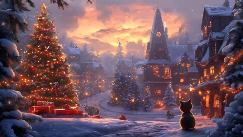 Snowy village Christmas square with glowing tree and cat.