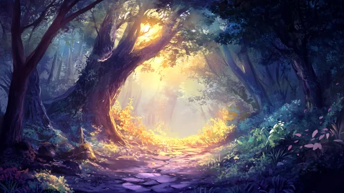 Enchanted Forest Path Glowing with Mystical Golden Light.