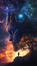 Cosmic nebula face aligns with lone figure and illuminated tree