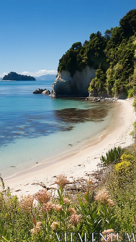 Limestone Cliff Beach Cove With Turquoise Waters and Dense Vegetation.