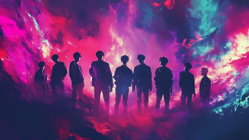 Silhouetted group against neon cloudlike abstract backdrop.