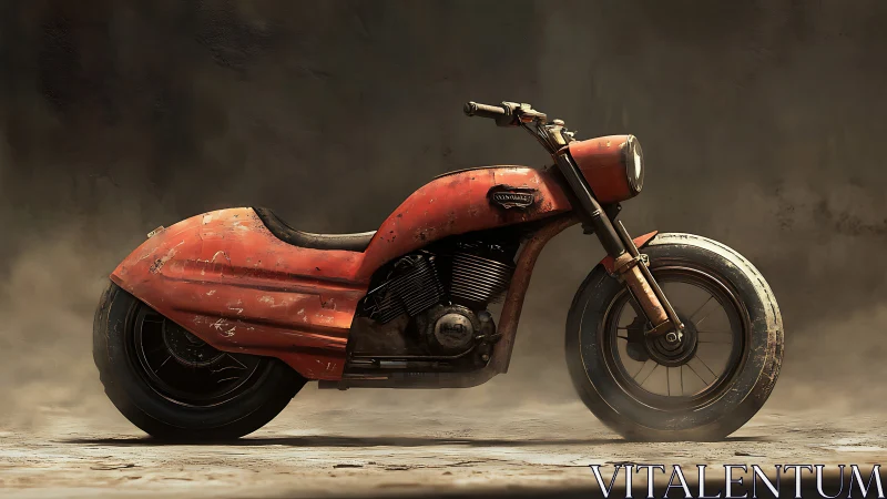 Rust-toned streamlined motorcycle in dusty neutral setting.