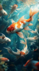 Sunlit koi caravan drifting through sapphire quietude.