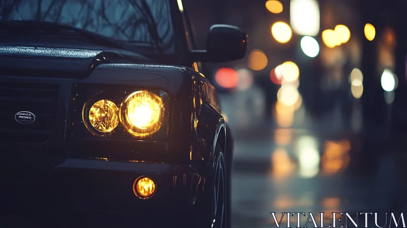 Urban dusk grants a glossy black SUV its cinematic prowl