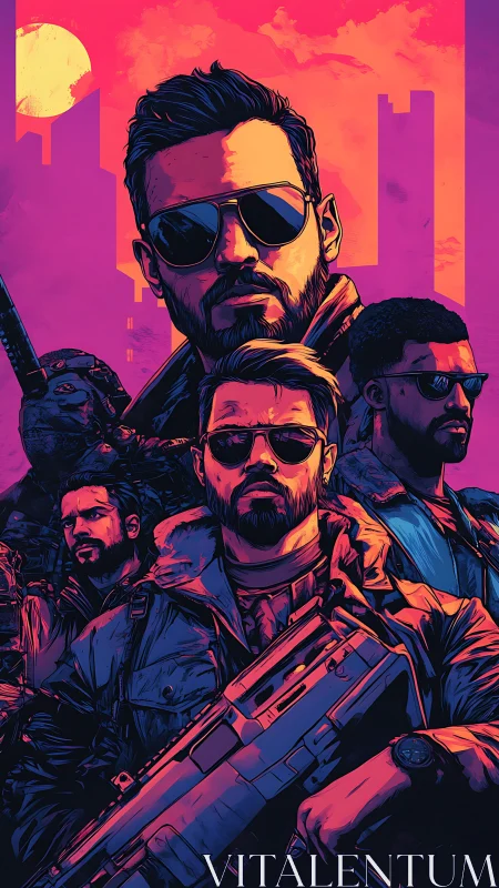 Armed tactical squad in neon-lit skyline with stylized cel shading