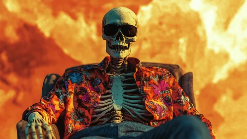 Skeleton in floral shirt relaxing before fiery backdrop.