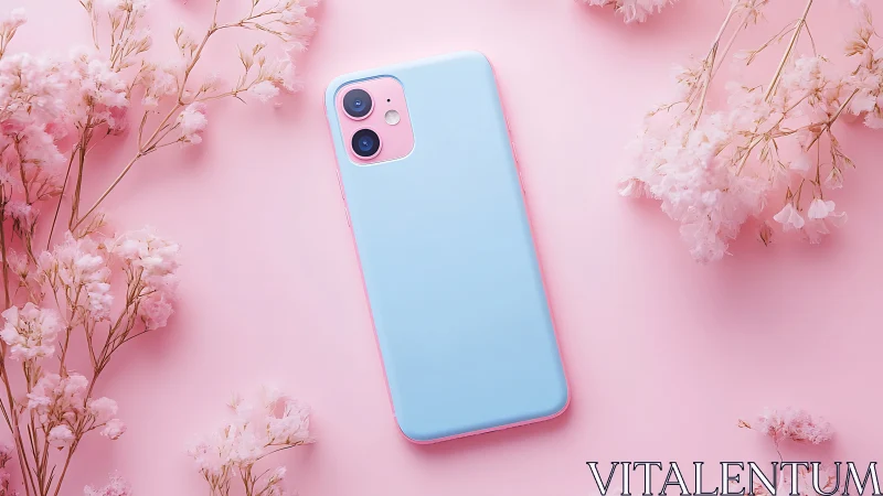 Blue smartphone case with dual camera setup on pink floral backdrop.