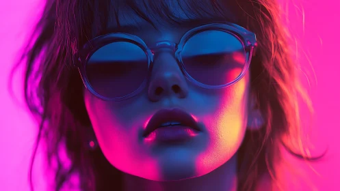 Neon lit close up portrait of woman in round sunglasses.