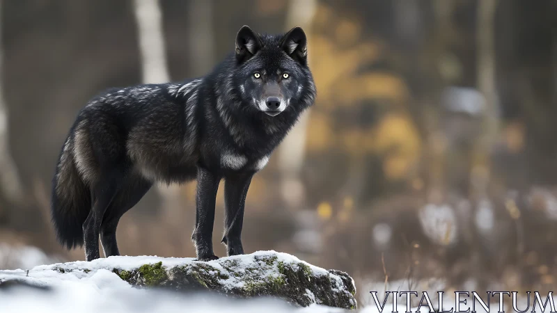 Black wolf standing on snow-covered rock in forest habitat.