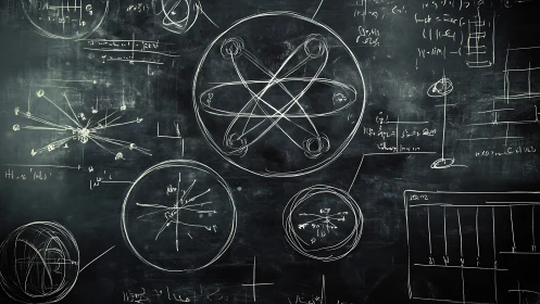 Orbital dynamics schematics on distressed physics chalkboard.