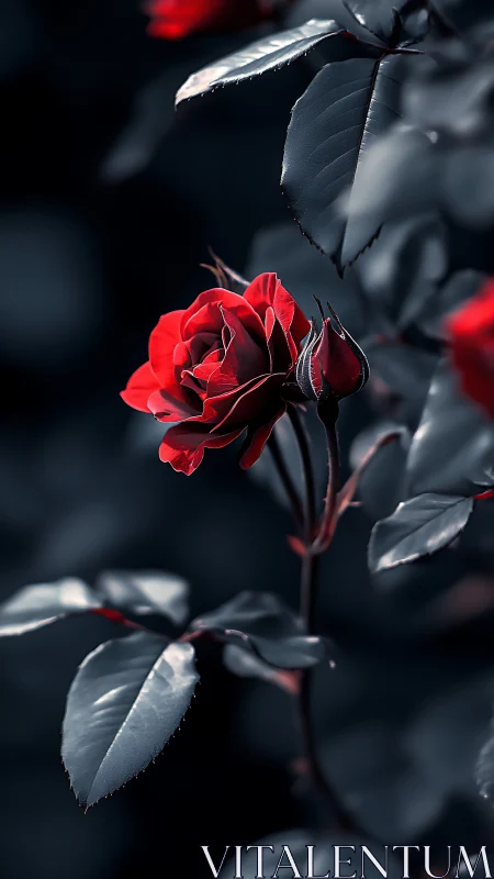 Red Rose with Silvered Foliage in Dramatic Dark Studio Lighting