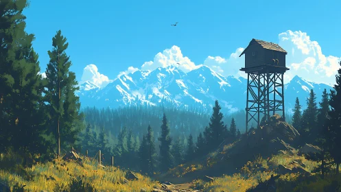 Lonely wooden watchtower quietly overlooks sunlit pines