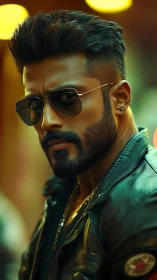 Intense male portrait in cinematic neon bokeh lighting