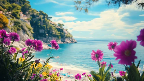 Blazing pink blooms frame a sunlit turquoise seaside cove.