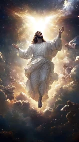 Radiant savior ascends through galaxies of burning dawn