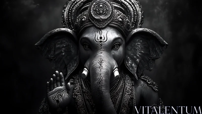 Monochrome digital Ganesha portrait with ornate headdress.