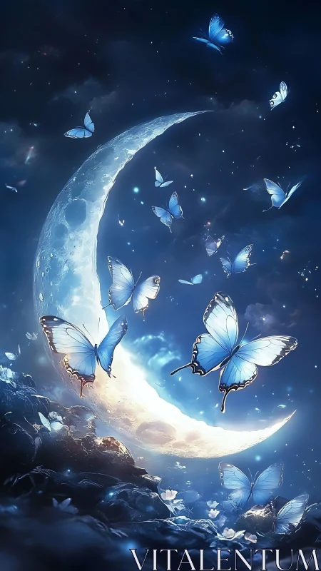 Moonlit blue butterflies drift around a glowing crescent dream