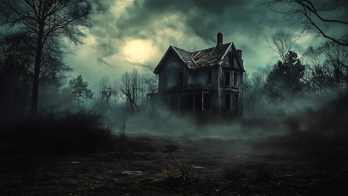 Moon-drowned mansion waits inside a swamp of midnight fog.