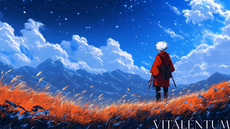 Solitary figure in red coat facing distant mountain range.