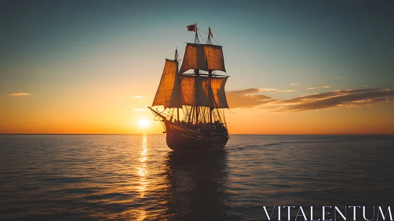 Silhouetted tall ship crosses calm sea under radiant sunset