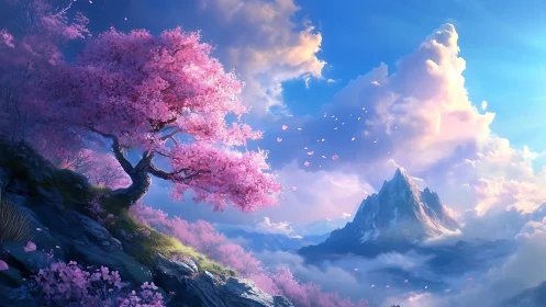 Luminescent cherry ridge above stratified cloud mountainscape.