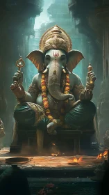 Elephant-headed deity statue seated in dim temple hall.