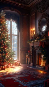 Classic Christmas tree beside ornate fireplace interior.