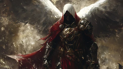 Winged shadow knight rising from a storm of swirling light.