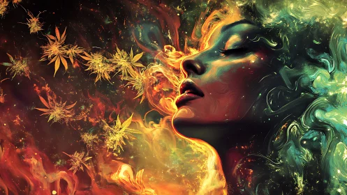 Dreamlike female profile drifts through cosmic smoke and leaves