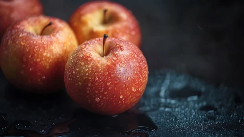 Dewy red apples resting on a dark, softly gleaming table.