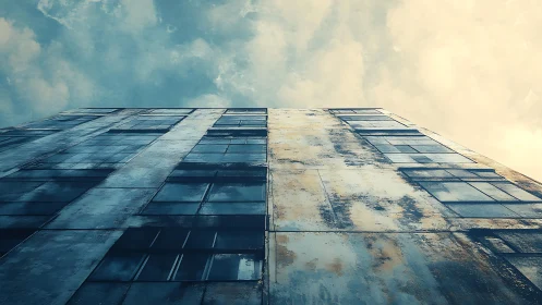 Low-angle urban facade study with weathered reflective glazing.