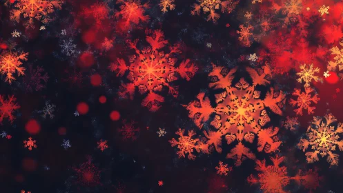 Crimson snowflakes drift through ember-kissed winter night.