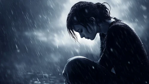 Quiet resilience glows as a young woman sits alone in rain