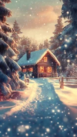 Snowlit cabin hums with golden warmth in the deep forest