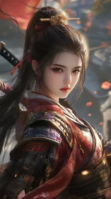 Elegant warrior heroine gazes back with quiet, steady resolve