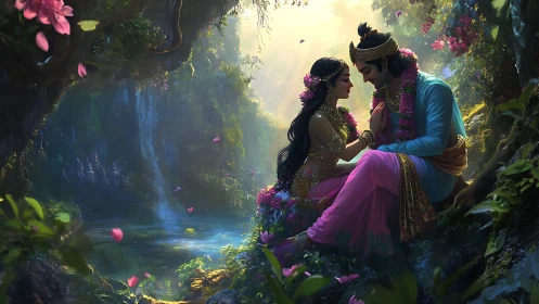 Mythic couple seated by forest pool under filtered light.