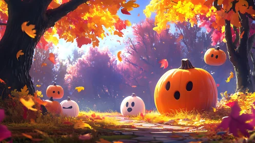 Pumpkin characters occupy a sunlit autumn forest pathway