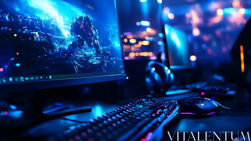 PC gaming workstation with illuminated peripherals at night.