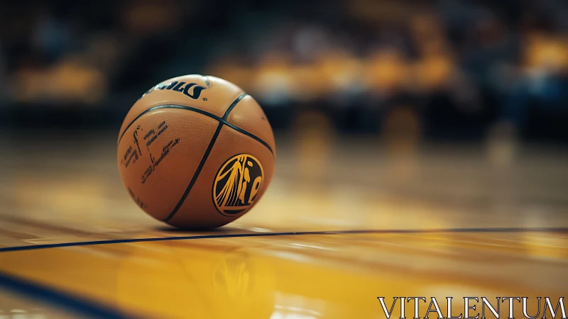 Game-ready basketball rests on polished hardwood court surface.