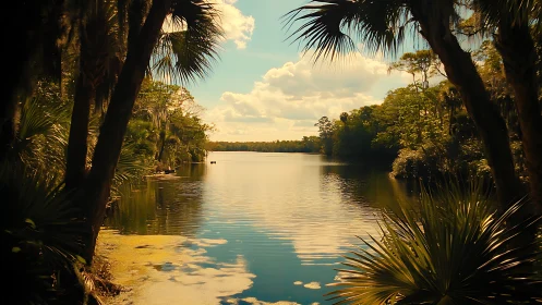 Tropical river framed by palm trees under golden sky.