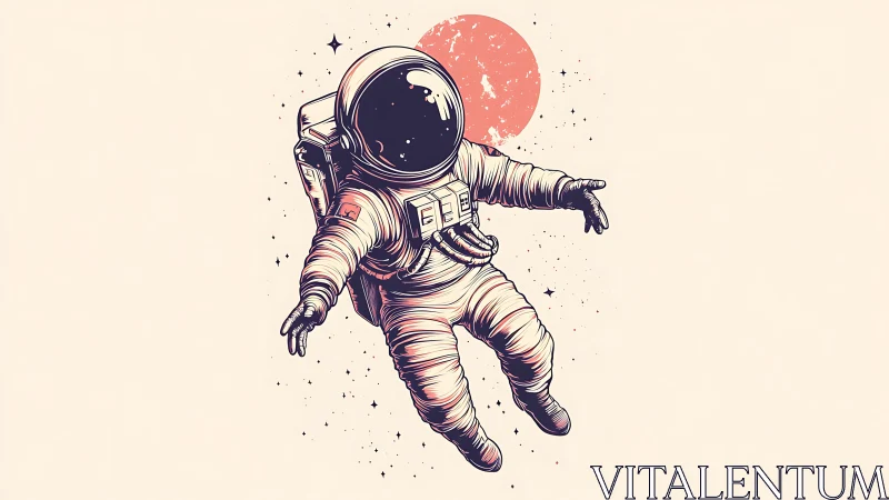 Stargazing drifter astronaut floats before a coral moon.