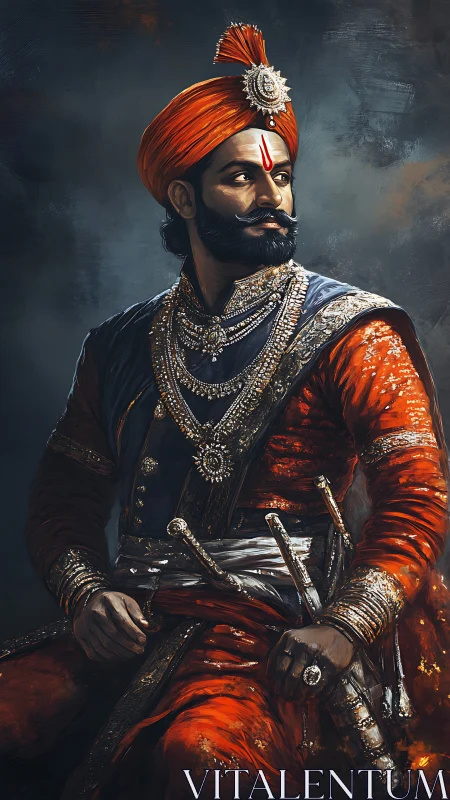 Regal Maratha warrior in jeweled armor, high-fidelity digital study.