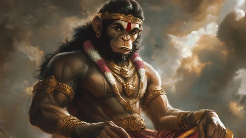 Divine warrior monkey deity sits calm beneath stormy skies