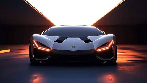 Futuristic silver supercar under dramatic tunnel light.