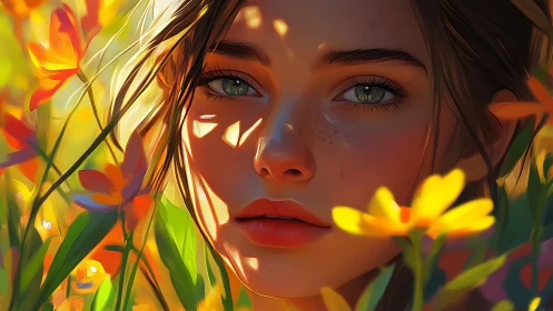 Young face is framed by yellow flowers in directional sunlight
