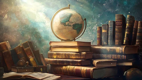 Starlit atlas and ancient books mapping hidden worlds.