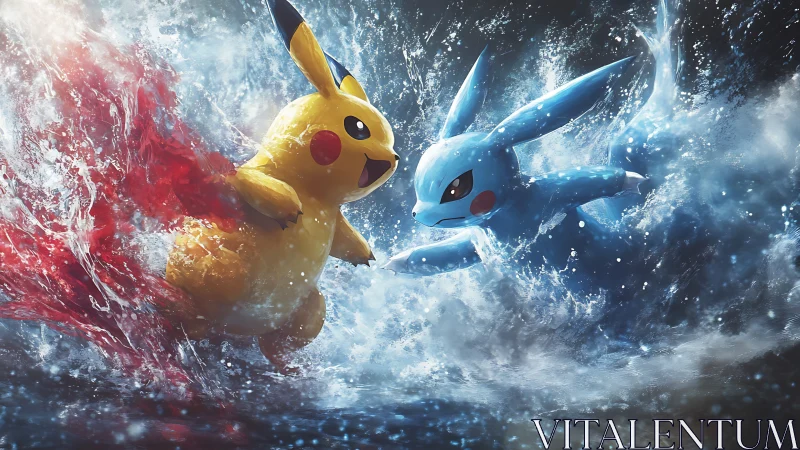 Electric and water creature clash in dynamic splash scene.